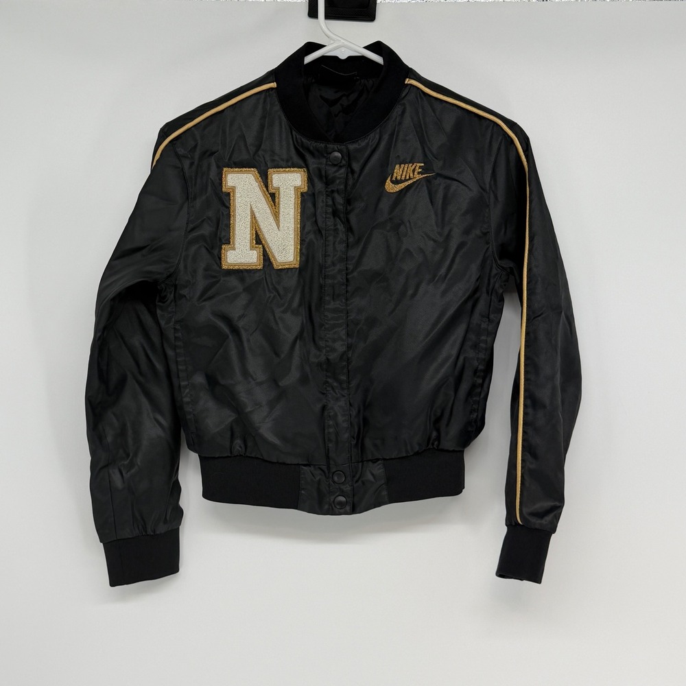 Nike Youth Black Gold Varsity Bomber Jacket Zip Snap Logo Size M